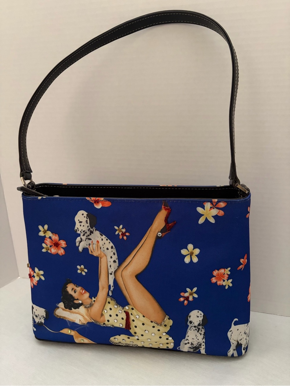 Retro Pin-Up Dalmatian Print Shoulder Bag Blue Baguette Purse Rhinestone Detail